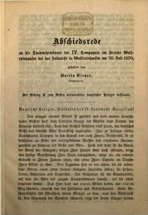 Abschiedsrede an die Landwehrmänner der IV. Compagnie im Bezirke Wolfratshausen bei der Feldmesse in Wolfratshausen am 26. Juli 1870