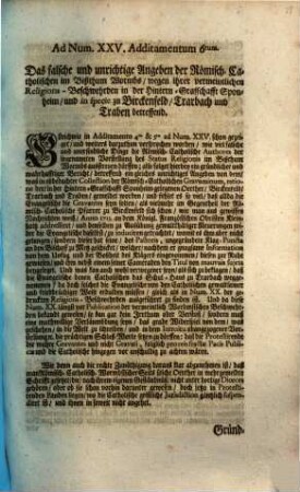 Ad Num. XXI. Additamentum 6tum. Das falsche und unrichtige Angeben der Römisch-Catholischen im Bisthum Wormbs, wegen ihrer vermeintlichen Religions-Beschwehrden in der Hintern-Graffschafft Sponheim, und in specie zu Birckenfeld, Trarbach und Traben betreffend