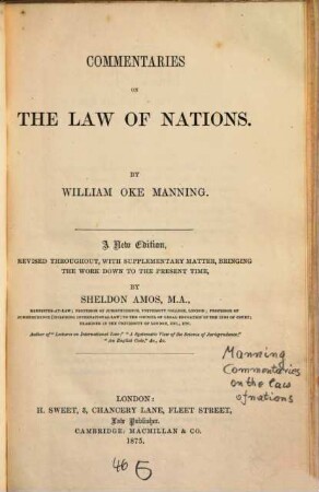 Commentaries on the law of nations : A New Edition, revised throughout, with supplementary matter, bringing the work down to the present time by Sheldon Amos