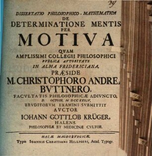 Diss. philos. math. de determinatione mentis per motiva