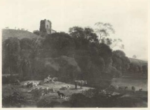 Flußlandschaft mit Ruine. Im Vordergrund links Viehherde mit 2 Hirtinnen