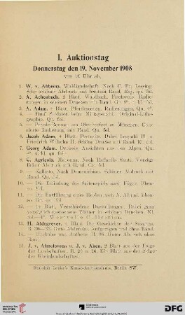 I. Auktionstag: Donnerstag den 19. November 1908 (Nr. 1 - 300)