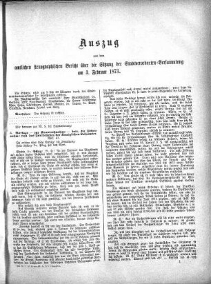Auszug aus dem amtlichen stenographischen Bericht über die Sitzung der Stadtverordneten-Versammlung am 3. Februar 1876