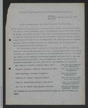 Rundschreiben des Bundes Deutscher Frauenvereine an den Gesamtvorstand