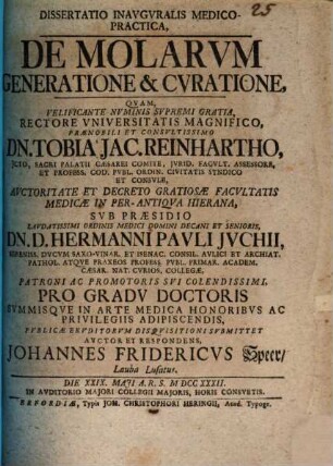 Diss. inaug. ... de molarum generatione et curatione