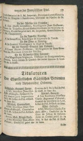 Titulaturen Der Churfürstlichen Sächsischen Bedienten nach Alphabetischer Ordnung