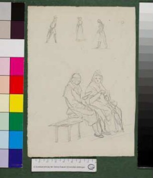 Skizzen zu Mann und Frau auf einer Bank sitzend und Spaziergängern