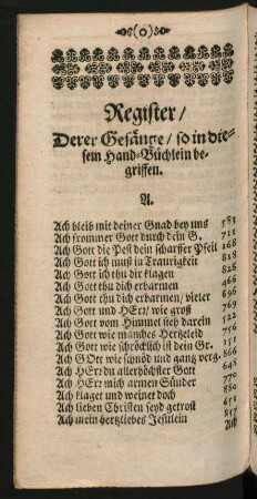 Register/ Derer Gesänge/ so in diesem Hand-Büchlein begriffen.