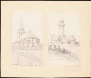 Kirche, Leuchtturm, Helgoland: 2 perspektivische Ansichten