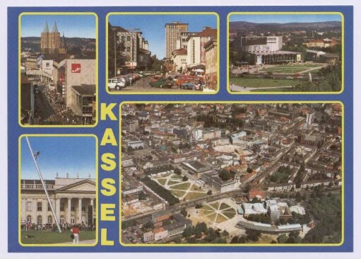 Kassel. Königsstraße mit Martinskirche, Treppenstraße, Staatstheater, Fridericianum, Luftaufnahme Friedrichsplatz/Königsplatz.