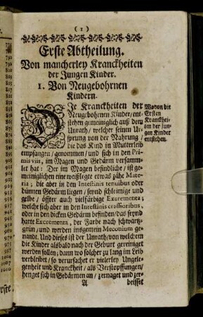 Erste Abtheilung. Von mancherley Kranckheiten der Jungen Kinder.