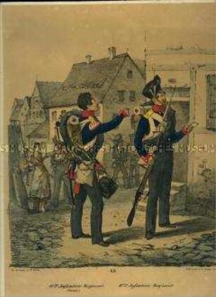 Uniformdarstellung, Hornist des 10. Infanterie-Regiments, Infanterist des 11. Infanterie-Regiments, Preußen 1830. Aus: Elzholz u.a.: Das Preussische Heer. Tafel 49.