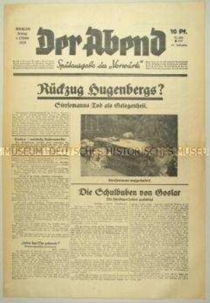 Sozialdemokratische Abendzeitung "Der Abend" u.a. zum Tod von Stresemann