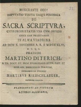 Disputatio Tertia Eaque Periodica De Sacra Scriptura