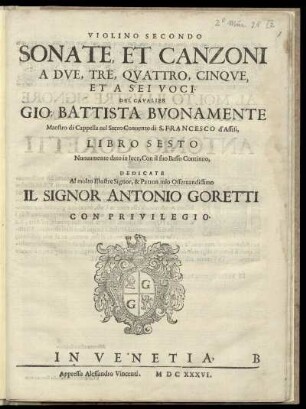 Giovanni Battista Buonamente: Sonate et canzoni a due, tre, quattro, cinque, et a sei voci ... libro sesto. Violino secondo