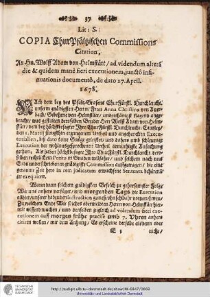 Lit: S. COPIA ChurPfältzischen Commissions Citation, ...