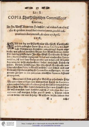 Lit: S. COPIA ChurPfältzischen Commissions Citation, ...