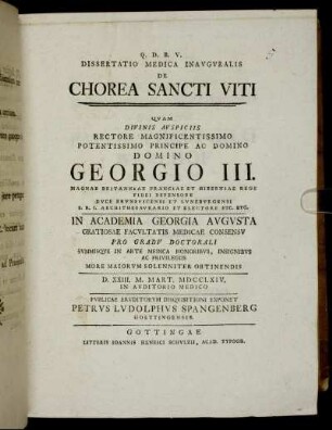Dissertatio medica Inauguralis De Chorea Sancti Viti