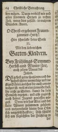 O Christ-ergebenes Frauen-Zimmer-Hertz! Hier schmücke deine Seele II. Mit den lieb-reichen Garten-Kleidern
