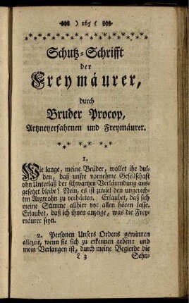 Schutz-Schrifft der Freymäurer, durch Bruder Procop, Artzneyerfahrnen und Freymäurer