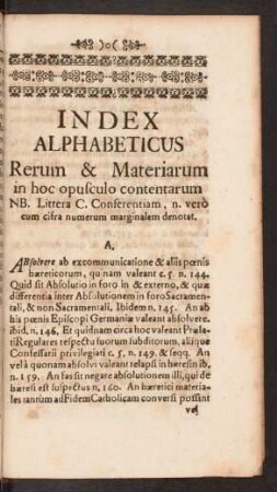 Index Alphabeticus Rerum & Materiarum in hoc opusculo contentarum ...