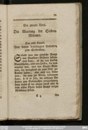 Der zweyte Theil. Die Wartung der Seiden-Würmer.