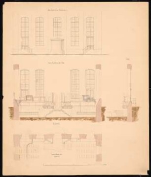 Alte Synagoge, Berlin Umbau: Rückansicht, Ansicht Ostwand, Grundrissausschnitt