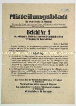 Mitteilungsblatt der Stadtverwaltung Weimar u.a. mit dem Befehl Nr. 4 der SMAD über die Einziehung von Sowjetvaluta