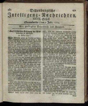 Sonnabends: den 2. Julii 1774.
