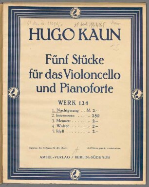 Fünf Stücke für das Violoncello und Pianoforte, Werk 124. 1, Nachtgesang : Werk 124 No. 1