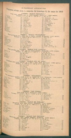 Hipódromo Argentino - Programa oficial para la reunión del domingo 11 de mayo de 1913