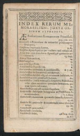 Index Rerum Memorabilium; Iuxta Ordinem Alphabeti.