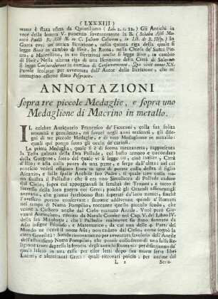 Annotazioni sopra tre piccole medaglie, e sopra uno Medaglione di Macrino in metallo.