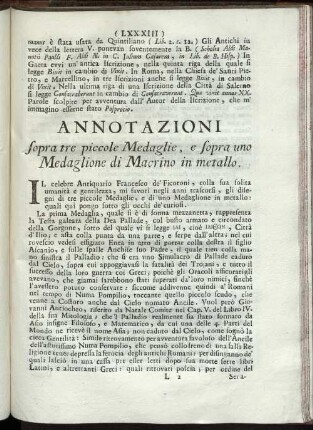 Annotazioni sopra tre piccole medaglie, e sopra uno Medaglione di Macrino in metallo.