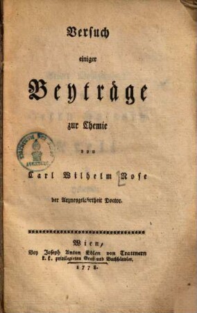 Versuch einiger Beyträge zur Chemie