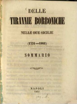 Delle tirannie borboniche nelle due Sicilie (1734 - 1861) Sommario