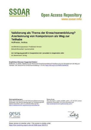 Validierung als Thema der Erwachsenenbildung? Anerkennung von Kompetenzen als Weg zur Teilhabe