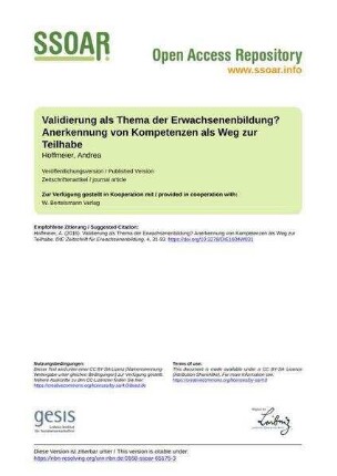 Validierung als Thema der Erwachsenenbildung? Anerkennung von Kompetenzen als Weg zur Teilhabe