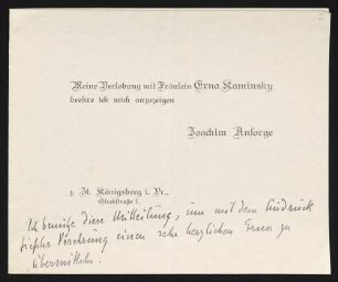 Brief von Joachim Ansorge an Gerhart Hauptmann