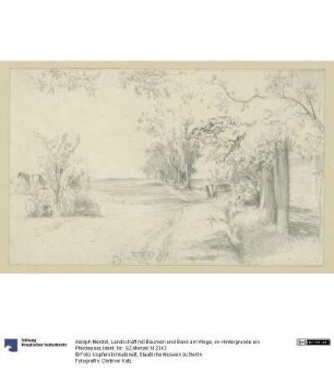 Landschaft mit Bäumen und Bank am Wege, im Hintergrunde ein Pferdepaar