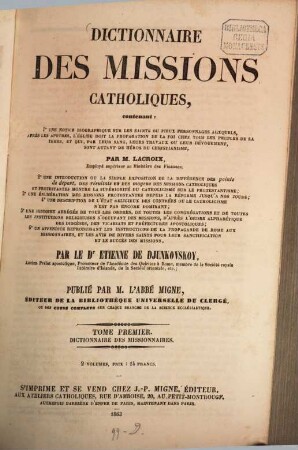 Dictionnaire des missions catholiques : Par Lacroix et Étienne de Djunkovsky, 1