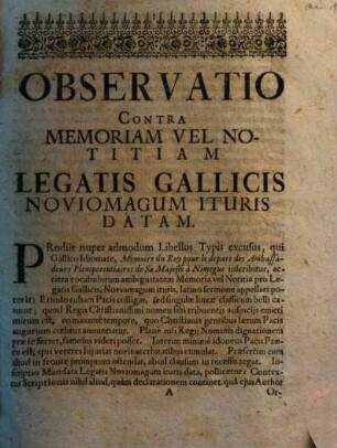 Observatio Contra Memoriam Vel Notitiam Legatis Gallicis Noviomagum Ituris Datam