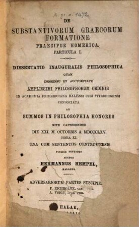 De substantivorum Graecorum formatione praecipue Homerica
