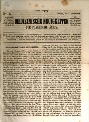 Medizinische Neuigkeiten für praktische Ärzte : Centralbl. für d. Fortschritte d. gesamten medizin. Wissenschaften. 8, 8. 1858