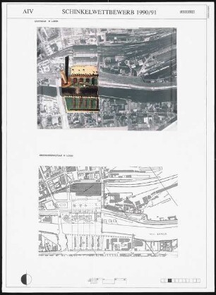 Neugestaltung der Spreeufer von Friedrichshain und Kreuzberg, Berlin Schinkelwettbewerb 1991: Luftbild und Geschosszahlenplan 1:2000