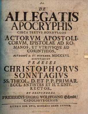 De allegatis apocryphis circa textus nonnullos Actorum apostolicorum, epistolae ad Romanos ... disp.