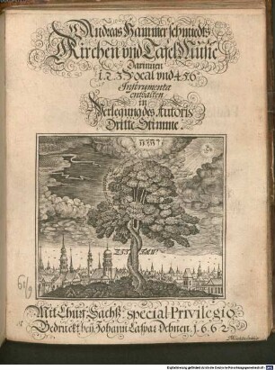A. Hammer-schmiedts Kirchen- vnd Tafel-Music : Darinnen 1. 2. 3. Vocal. vnd 4. 5. und 6 Jnstrumenta enthalten, in Verlegung des Autoris