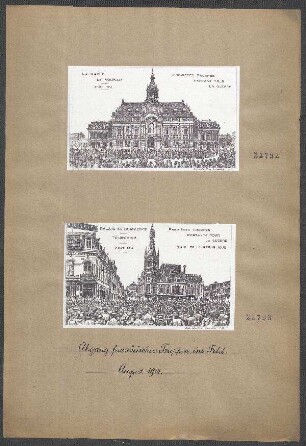 Französische Mobilmachung in Lille, Tourcoing und Roubaix und Abgang der Truppen ins Feld 1914: La mairie de Roubaix, Premières Troupes partant pour la guerre, août 1914, Monogramm V.H. (Verschaeve-Hourquin, Roubaix ?)