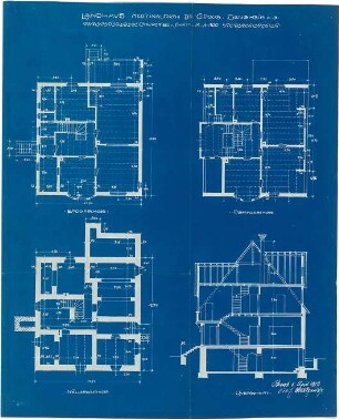 Metzendorf, Heinrich; Bensheim; Landhaus Dr. Groos - Grundriss Keller, Grundriss EG, Grundriss OG, Querschnitt