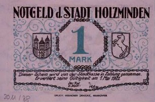Notgeld der Stadt Holzminden 1922 1 Mark (Zapfenstreich)